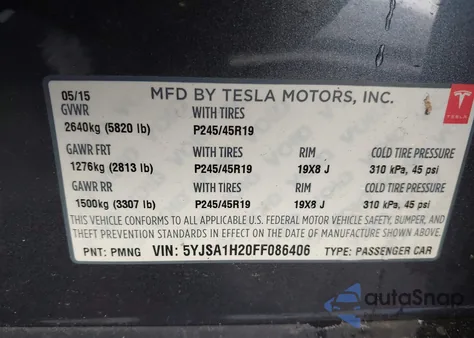 2015 Tesla Model S 70D/85D/P85D from USA, damaged, VIN 5YJSA1H20FF086406